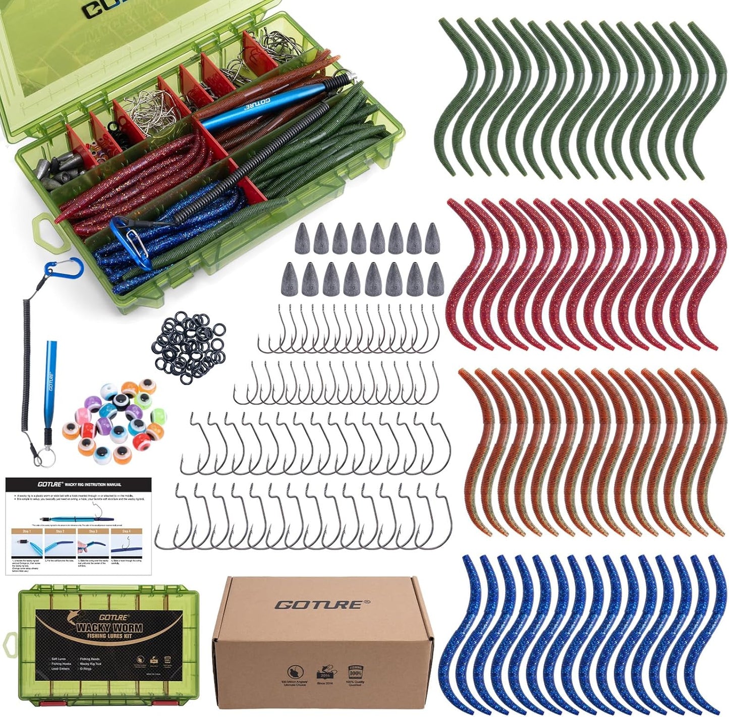 Wacky Worm Fishing Lure Kit with Soft Plastics and Tools