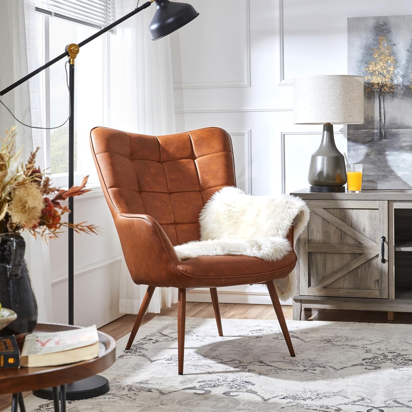Stylish Camel Leather Accent Chair - Yaheetech