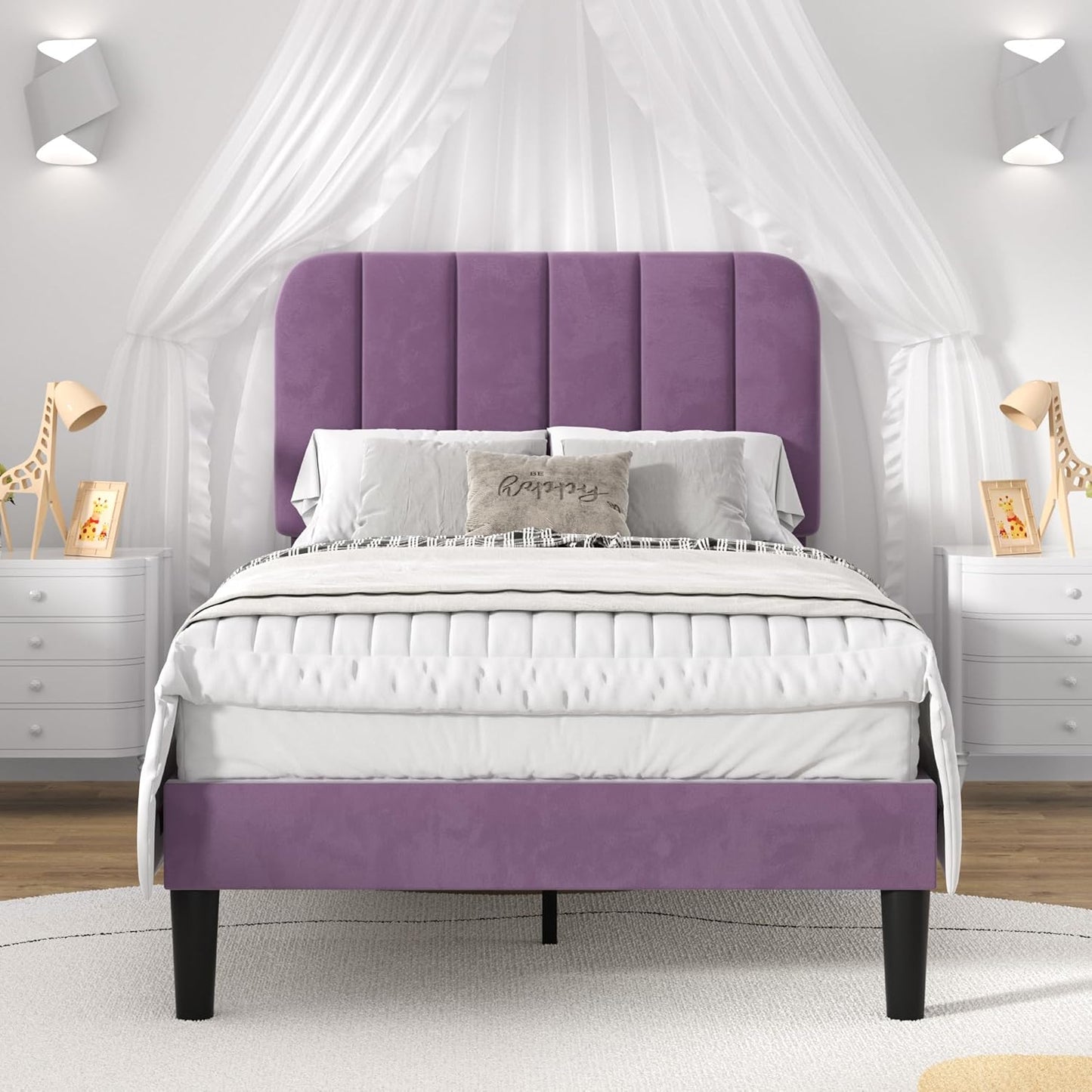 VECELO Twin Size Bed Frame with Upholstered Headboard in Purple