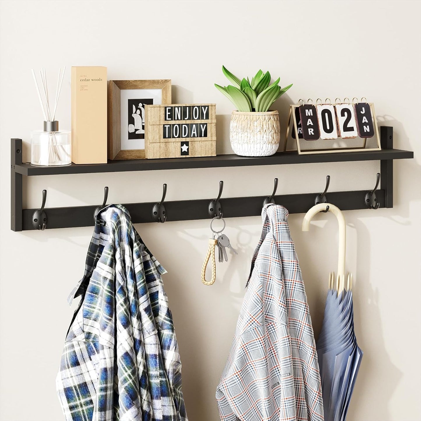 BAMEOS 35 Inch Wall Hooks With Shelf - Stylish Coat Rack