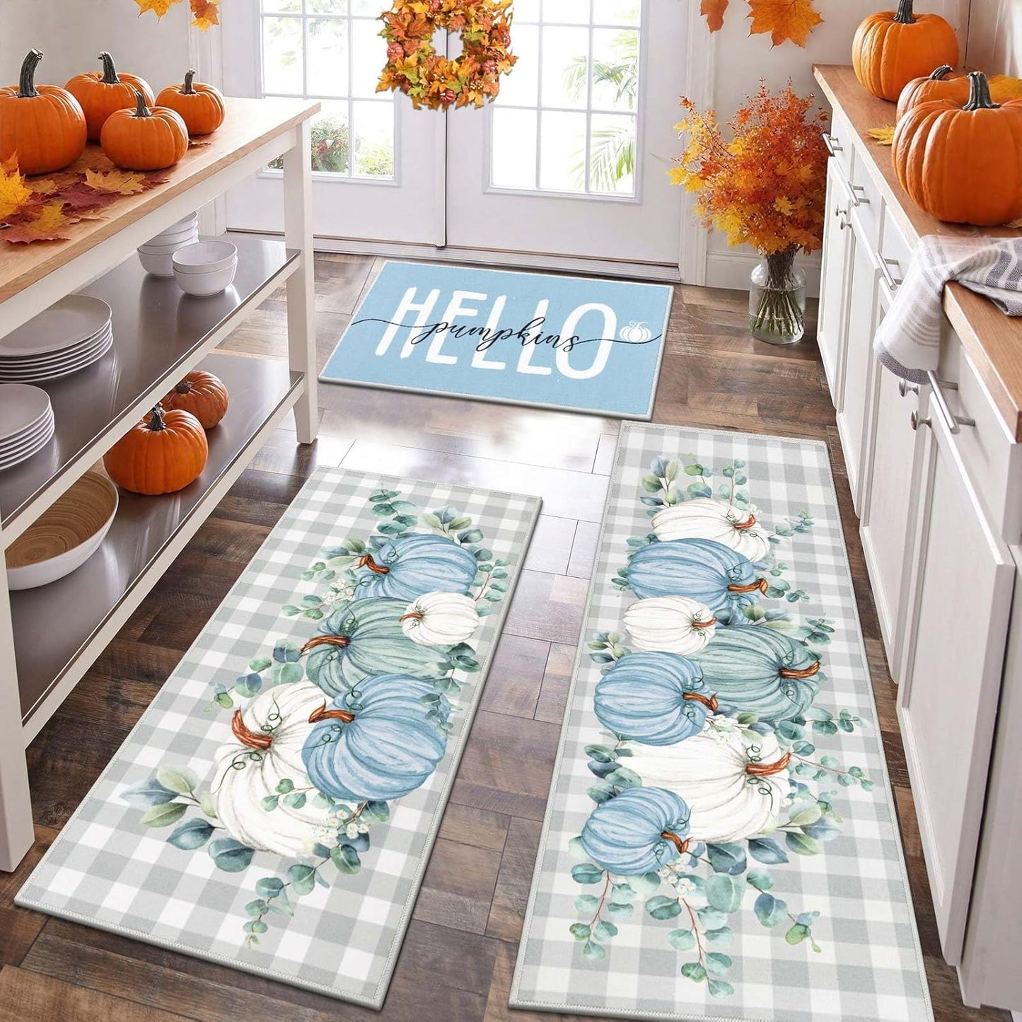 Fall Kitchen Rugs Set of 3, Non Slip Buffalo Plaid Pumpkin Decor