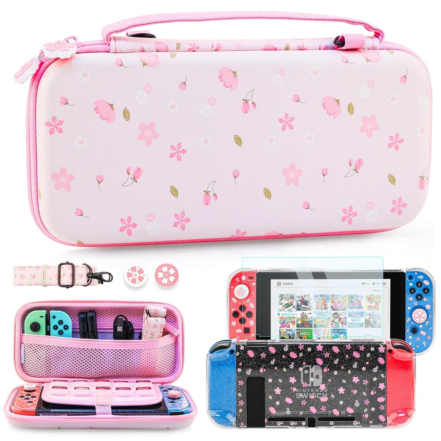 Sakura Pink Carrying Case Set for Nintendo Switch Accessories