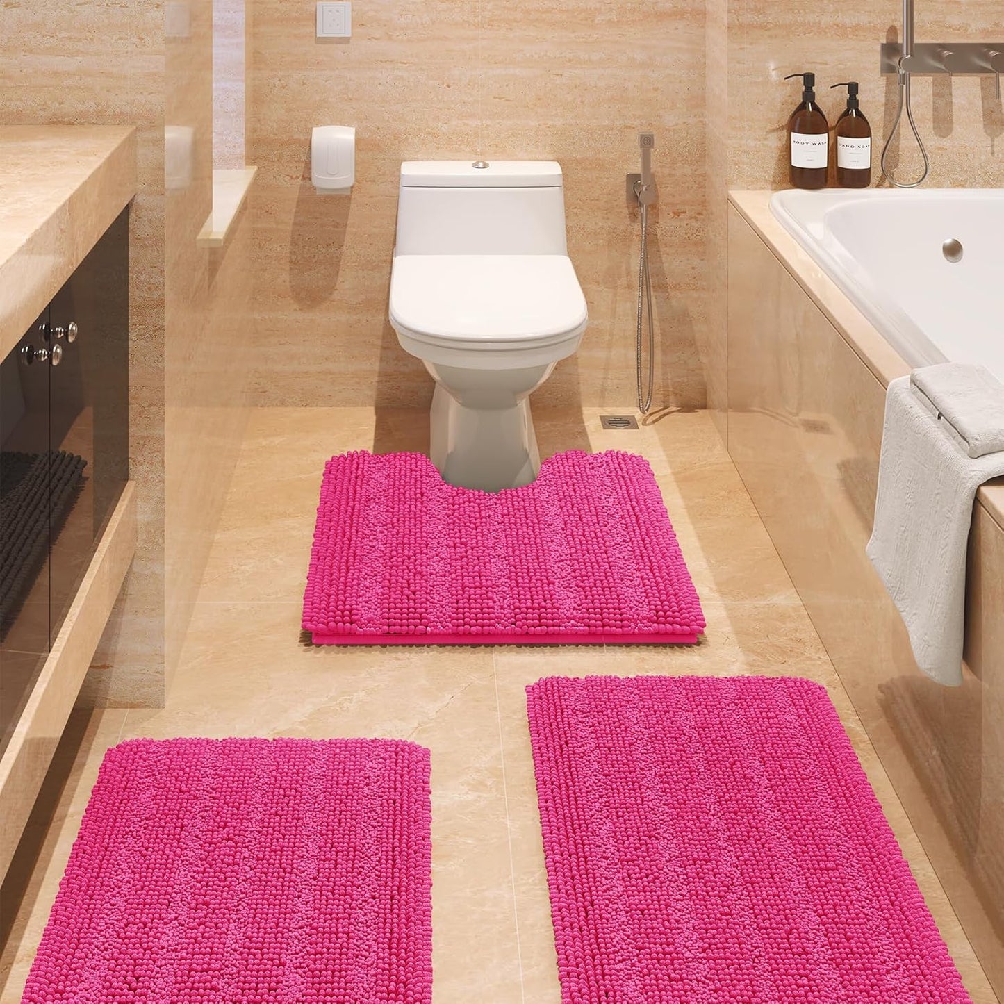 Ultra Soft Striped Hot Pink Bathroom Rug Set 3 Pieces Luxury