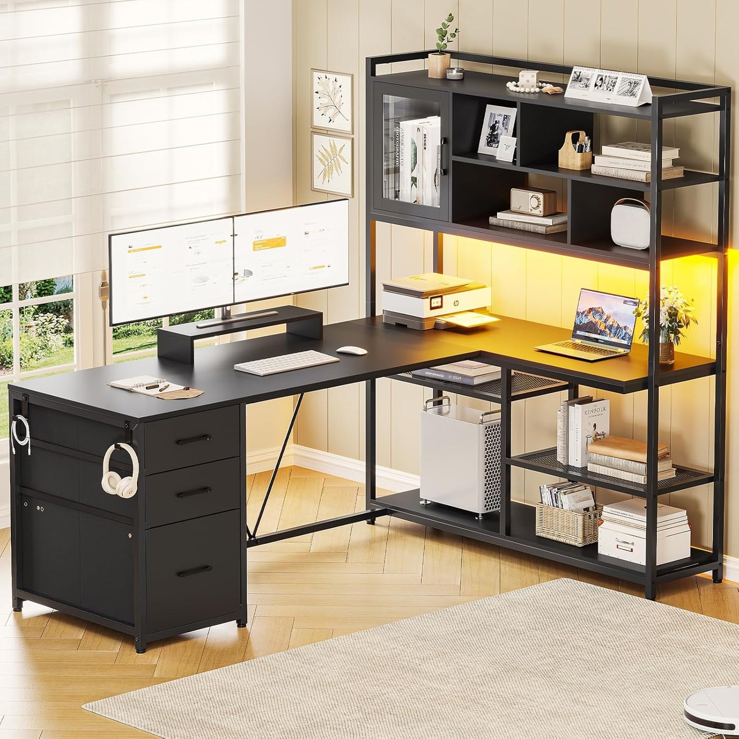 SEDETA L Desk with Storage & LED Light