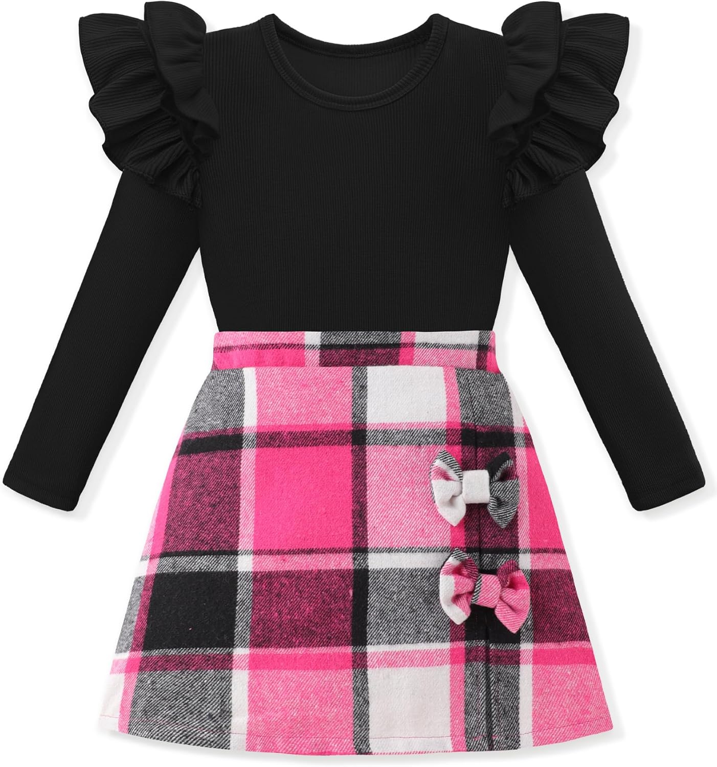 Girls Clothes Long Sleeve Ruffle Sleeve Top and Plaid Skirt Set