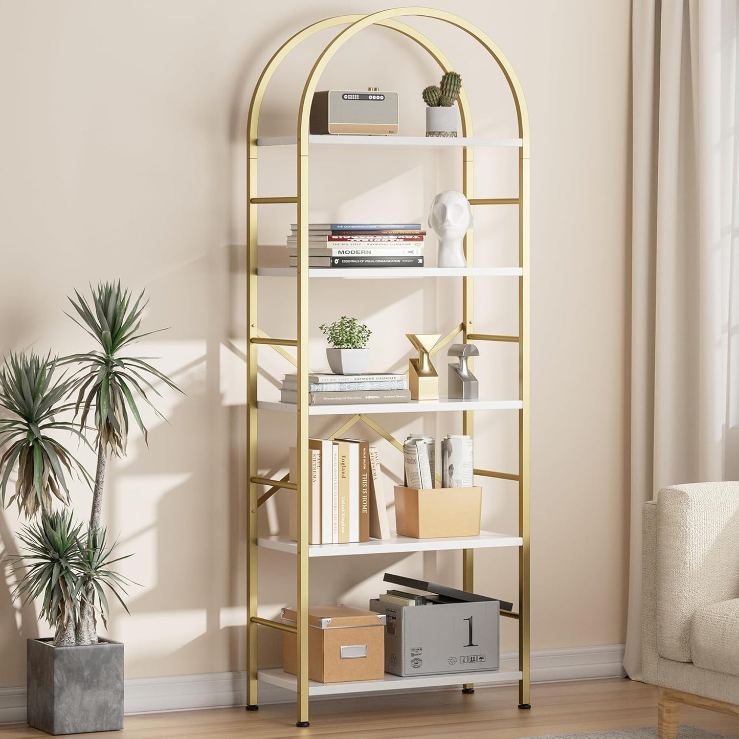Shintenchi Arched Bookshelf 5 Tier Bookcase for Modern Spaces