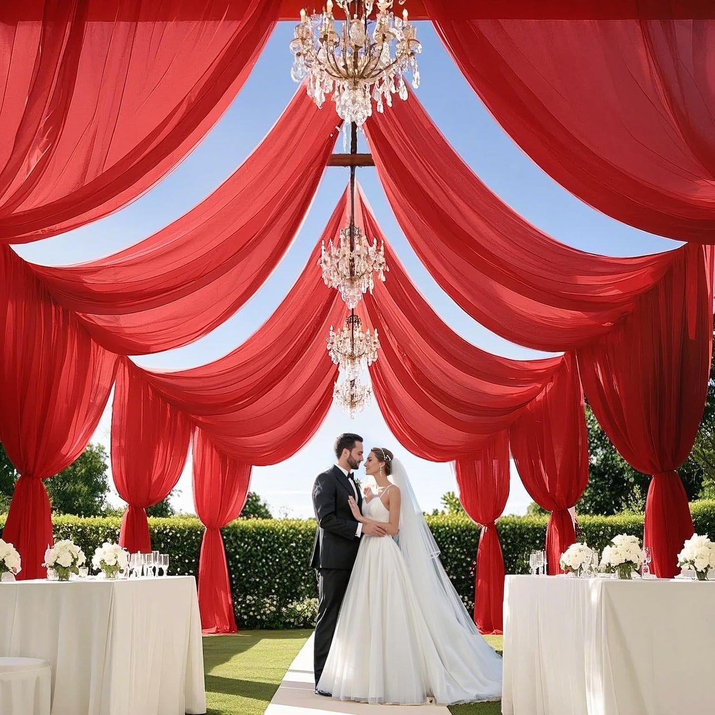 MODFUNS Ceiling Drapes for Weddings - Red Chiffon Arch Draping