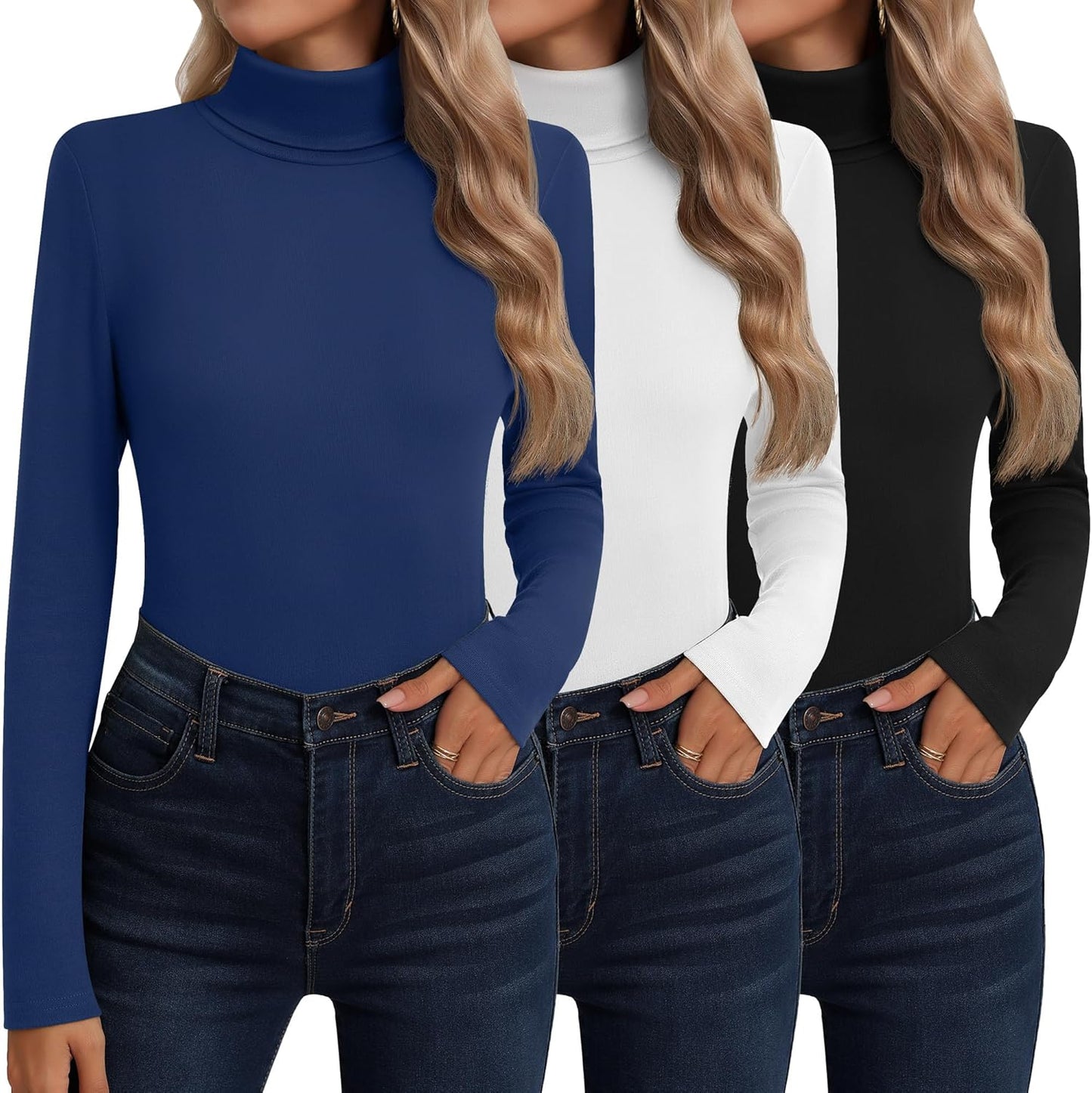 Neer 3 Pack Cotton Women's Turtleneck Long Sleeve Tops