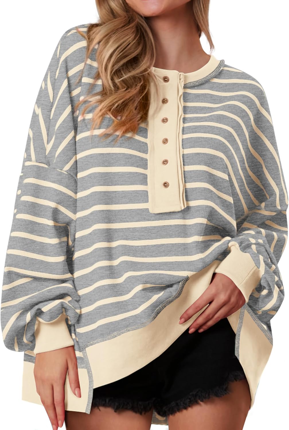Oversized Striped Sweatshirt for Women - Cozy Waffle Knit Top