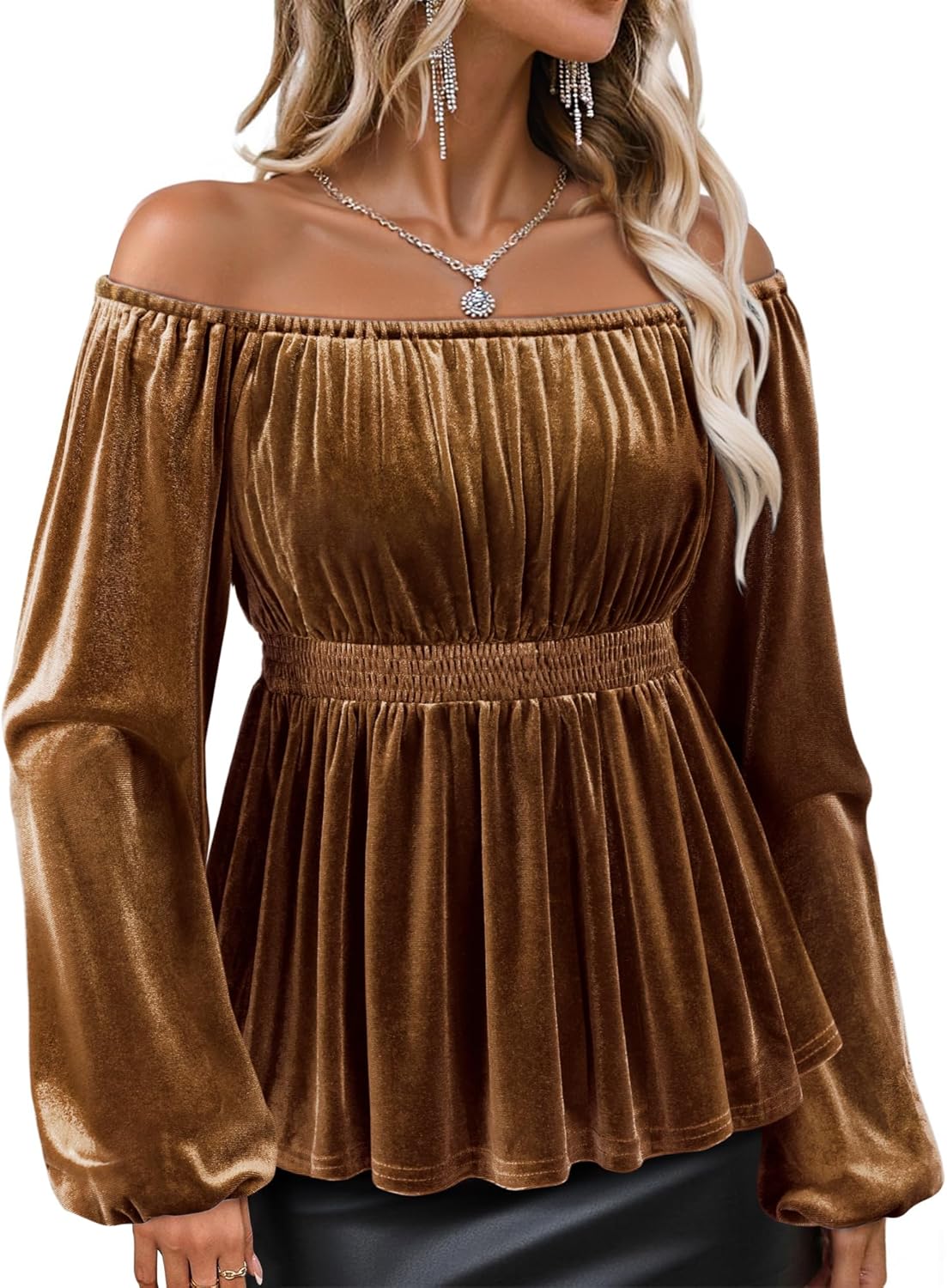 Bebonnie Womens Velvet Off The Shoulder Long Sleeve Tops