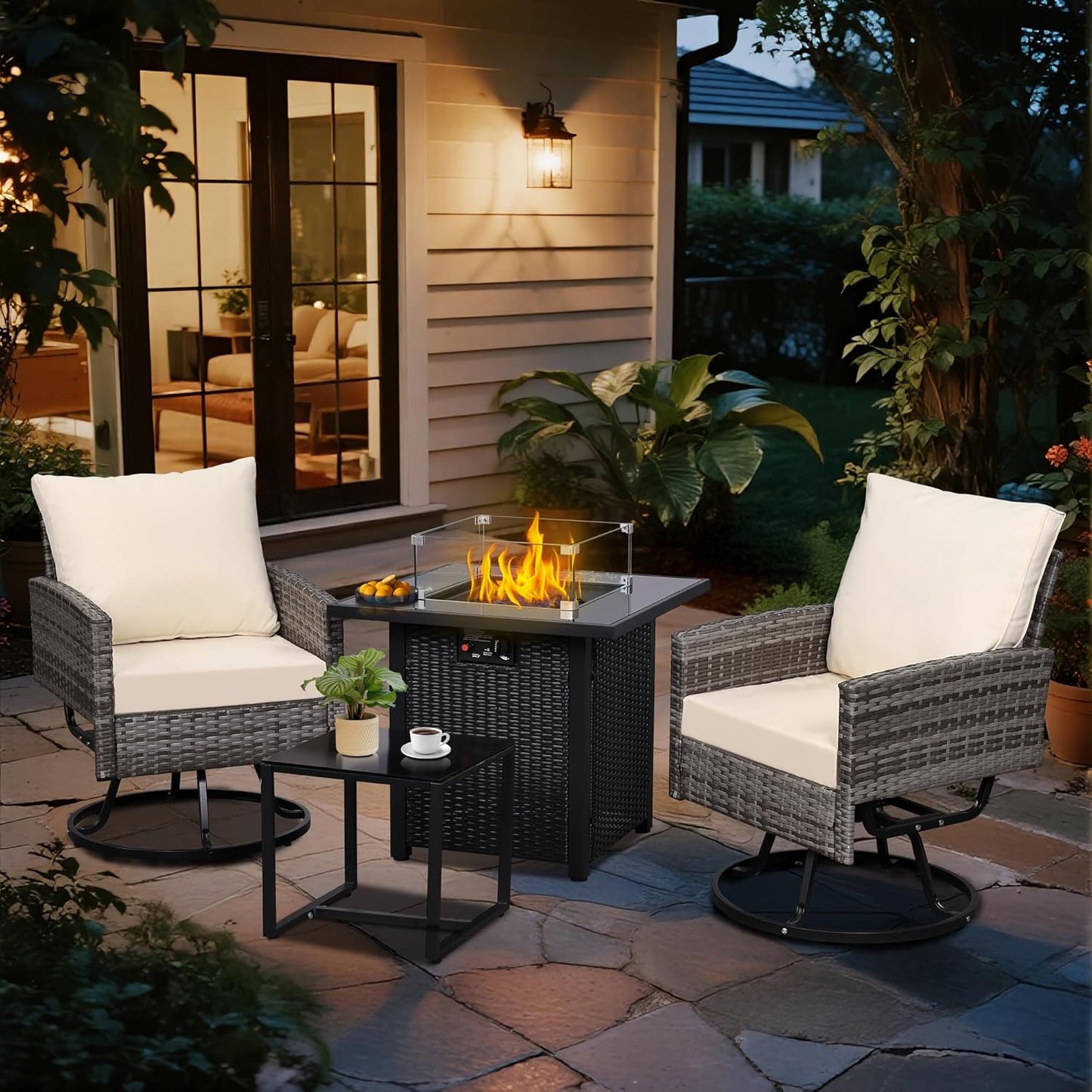 4 Pieces Patio Set with 28 Propane Fire Pit Table for Comfort
