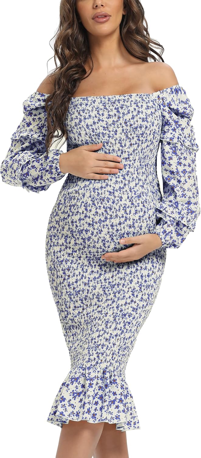 Spring Long Puff Sleeve Maternity Dress with Floral Ruffle Hem