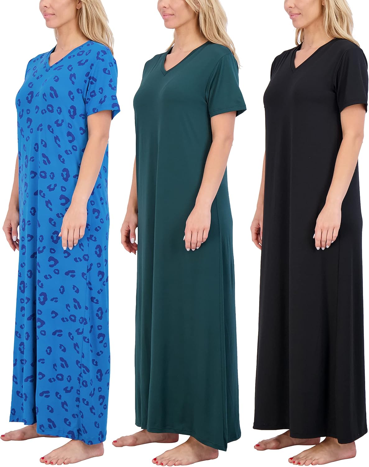 Women's V-Neck Long Nightgowns: Soft Maxi Sleep Dress 3-Pack