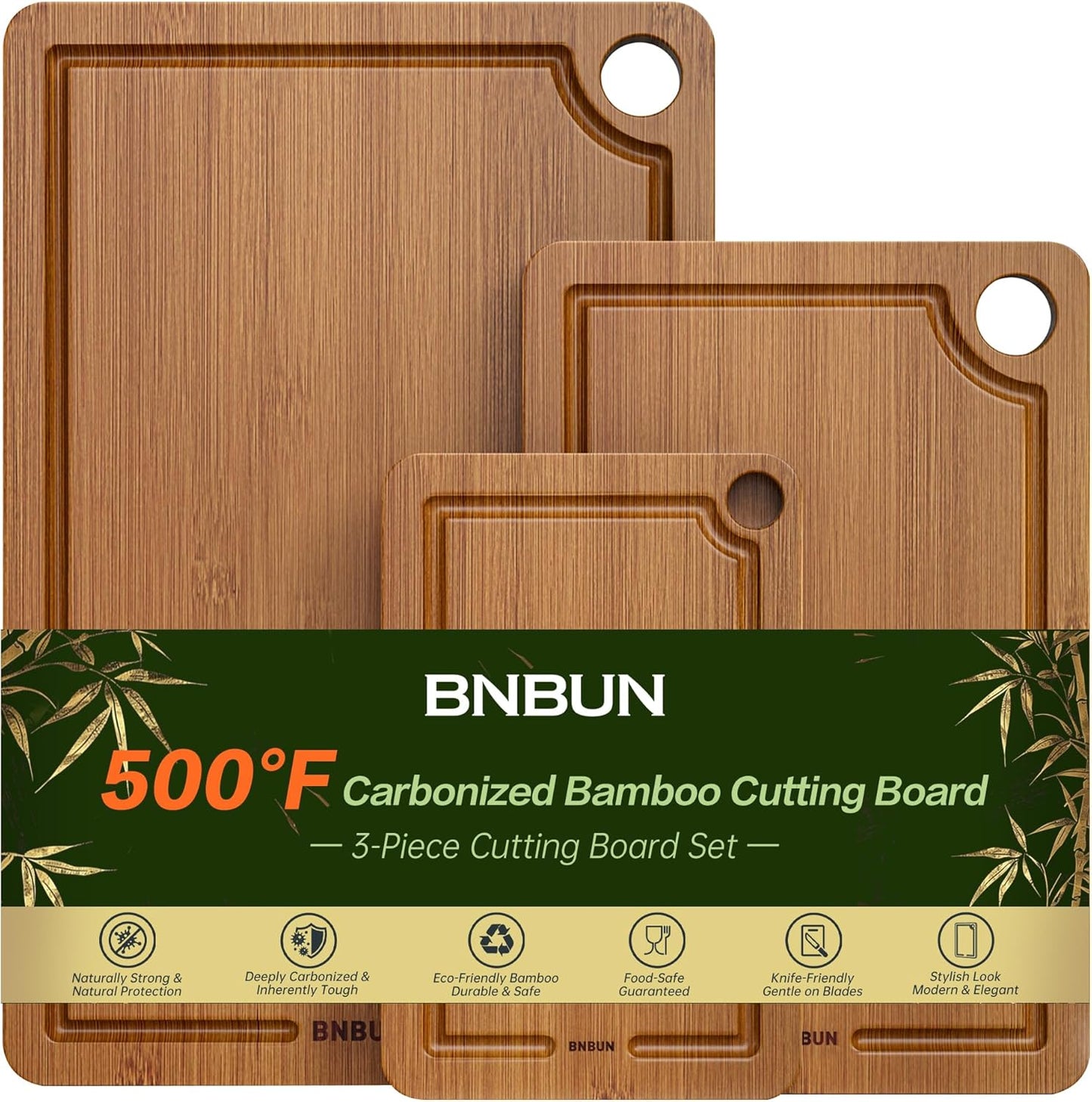Bamboo Cutting Board Set with Non-Slip Mat and Juice Groove