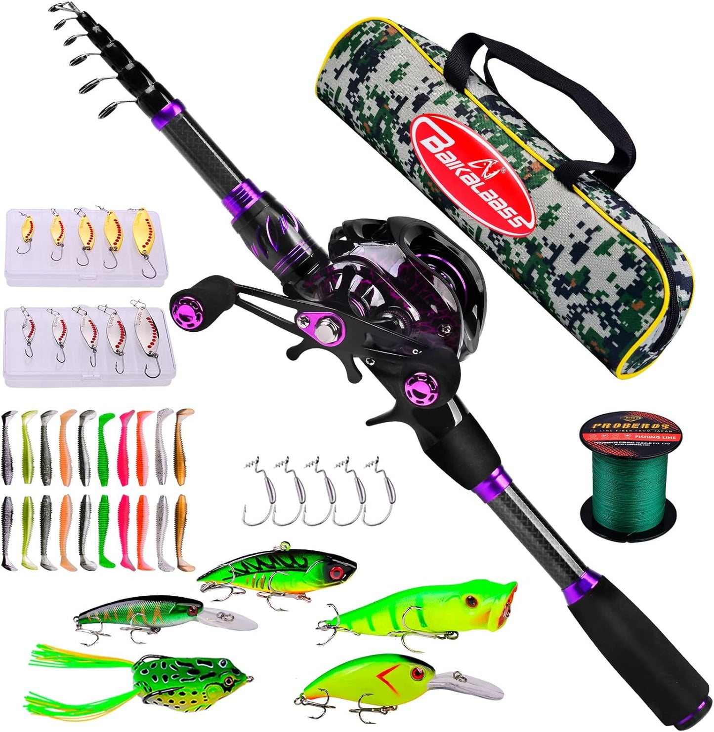 6.9ft Telescopic Fishing Rod Combo - Left Handed Baitcasting Reel - Ultimate Tackle Set