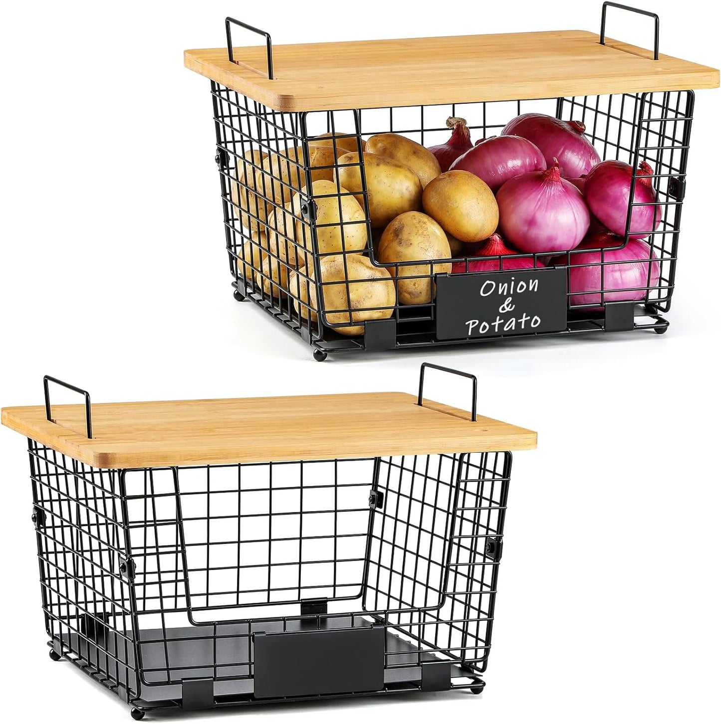 XXL Stackable Wire Basket with Bamboo Tops for Kitchen Storage