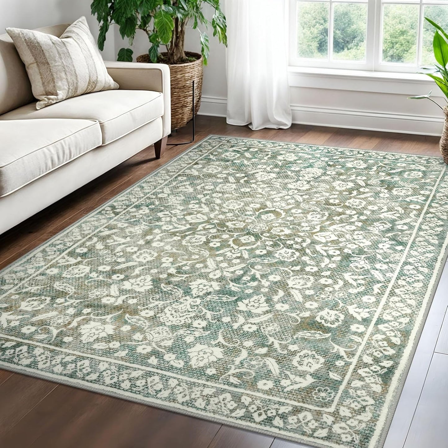 Vintage 5x7 Area Rug in Sage Green Beige for Living Room