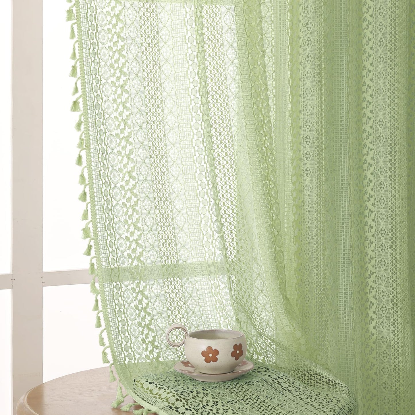 Green Lace Curtains by WAZZIO - Boho Chic 84 Inch Drapes