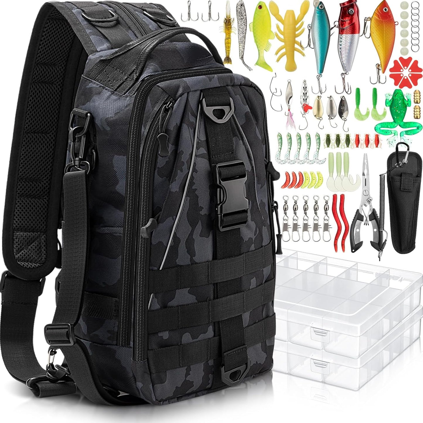 Fishing Backpack with Rod Holder & Lures Set