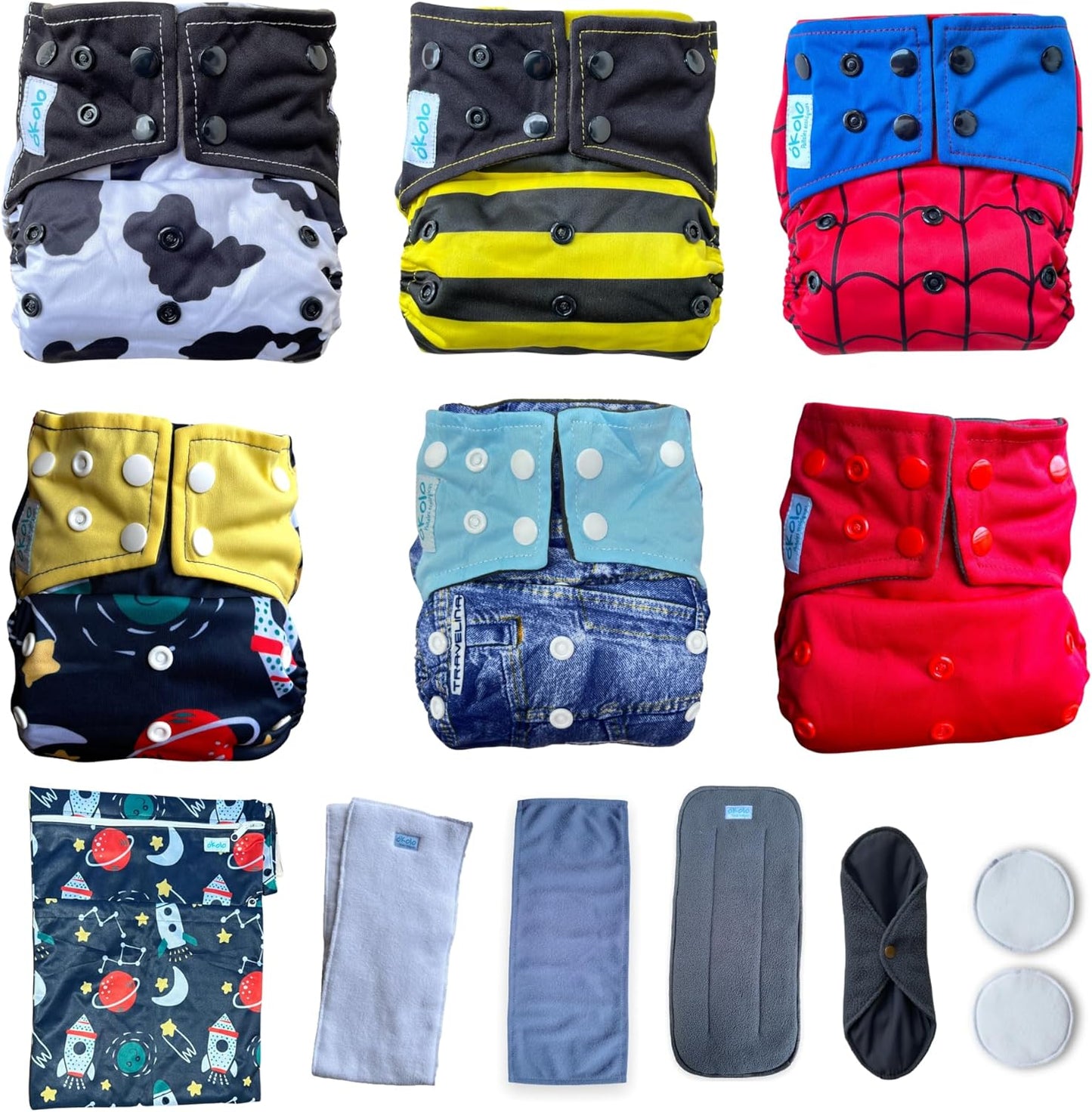 OKOLO Premium Cloth Diapers 6-Pack - Eco-Friendly All-in-One Newborn to Size 5