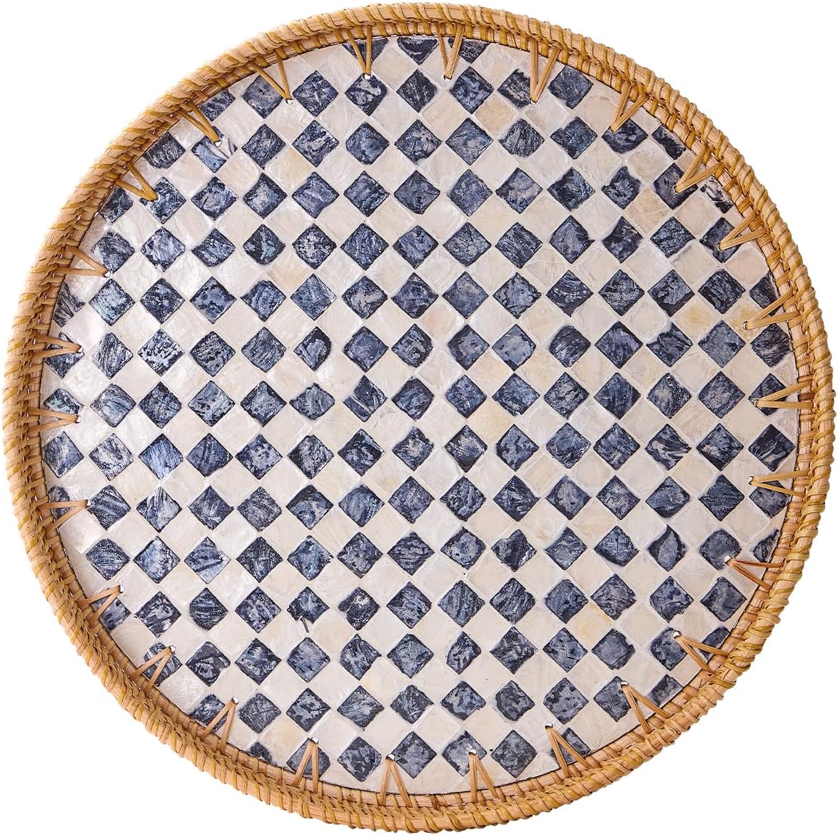 Round Rattan Tray with Mother of Pearl Inlay for Home Decor