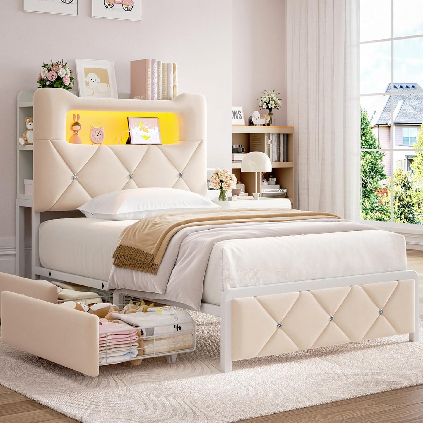 Twin Upholstered LED Bed Frame with Storage for Kids and Teens
