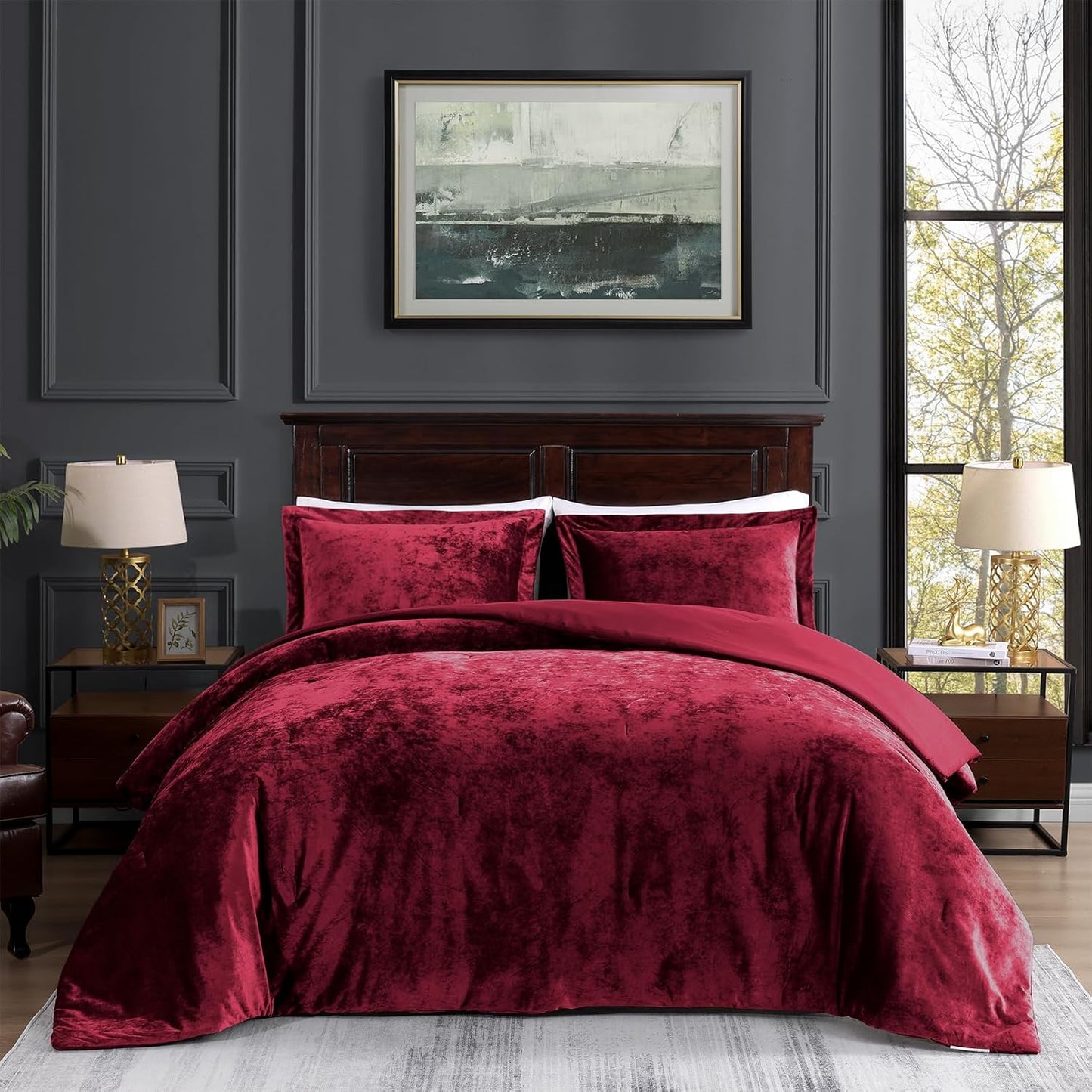 Luxurious Crushed Velvet Burgundy King Size Comforter Set