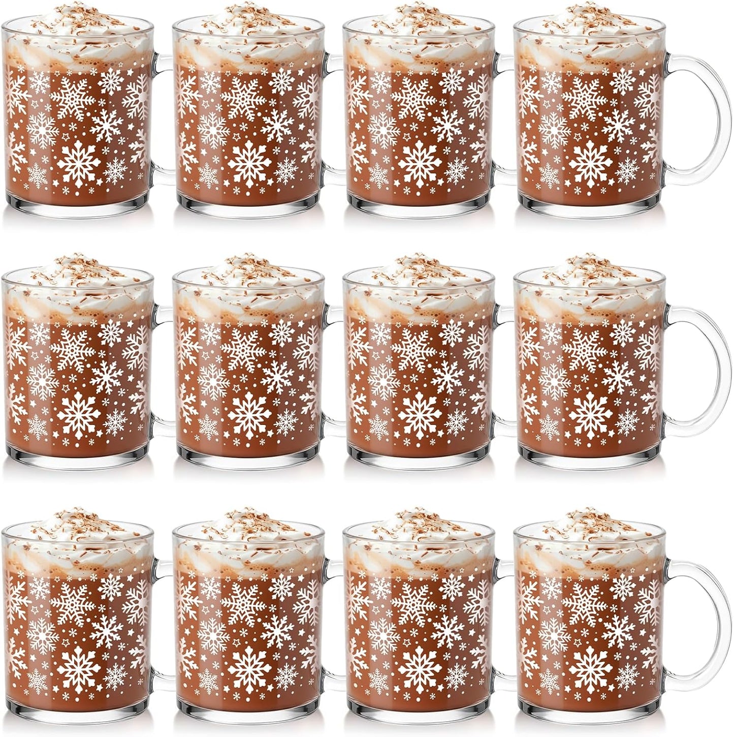 Winter Glass Mugs Set for Holiday Drinks - 12 Pcs Coffee Cups