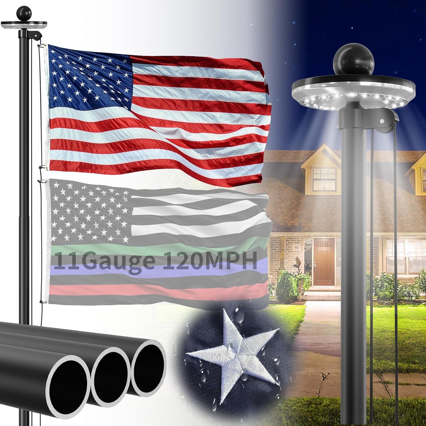 11 Gauge Heavy Duty Flag Pole with Solar Light - 25 FT Kit