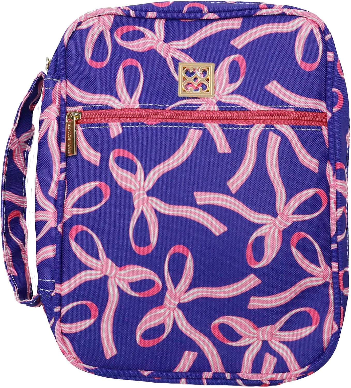 Regal Blue Pink Bows Canvas Bible Cover with Handle by Mary Square