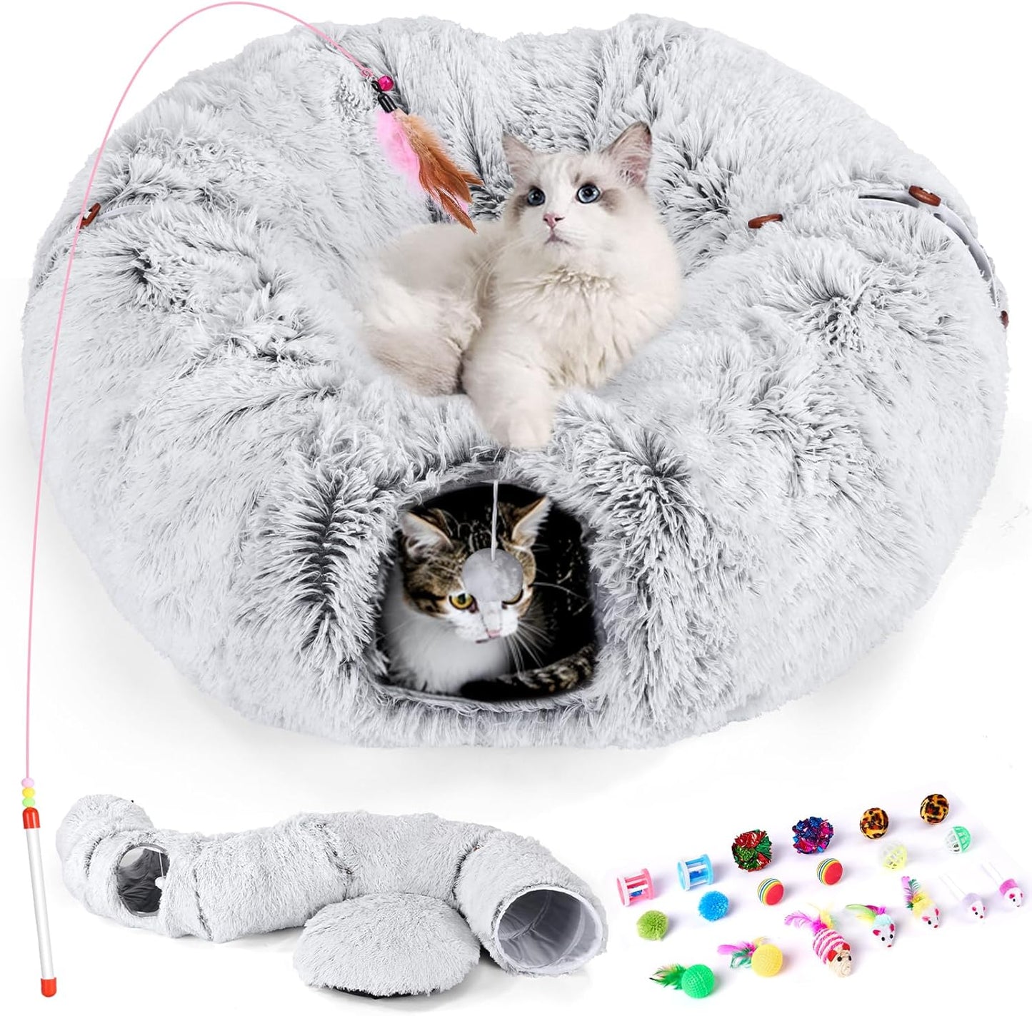 Odoland Cat Tunnel Bed - Cozy Plush Cat Furniture with Toys