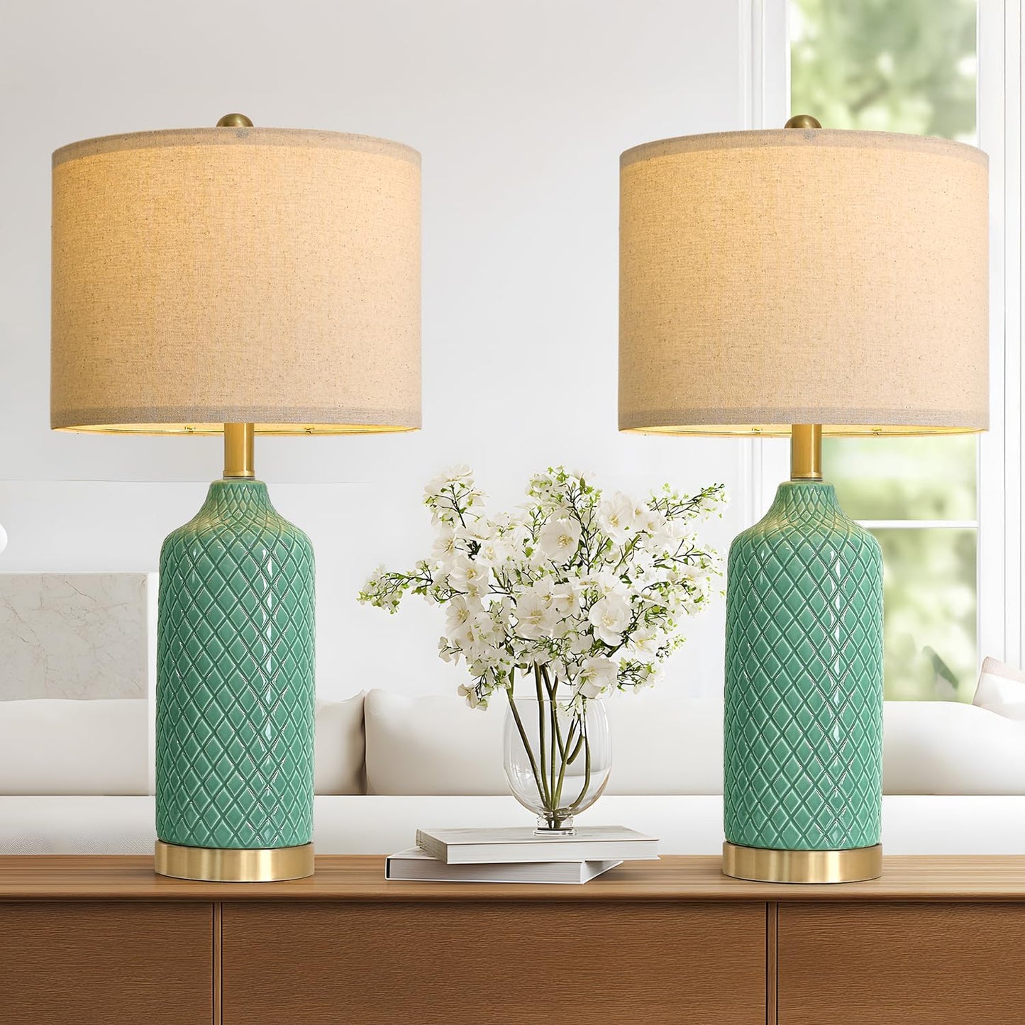 Modern Ceramic Green Table Lamps Set of 2 for Living Room