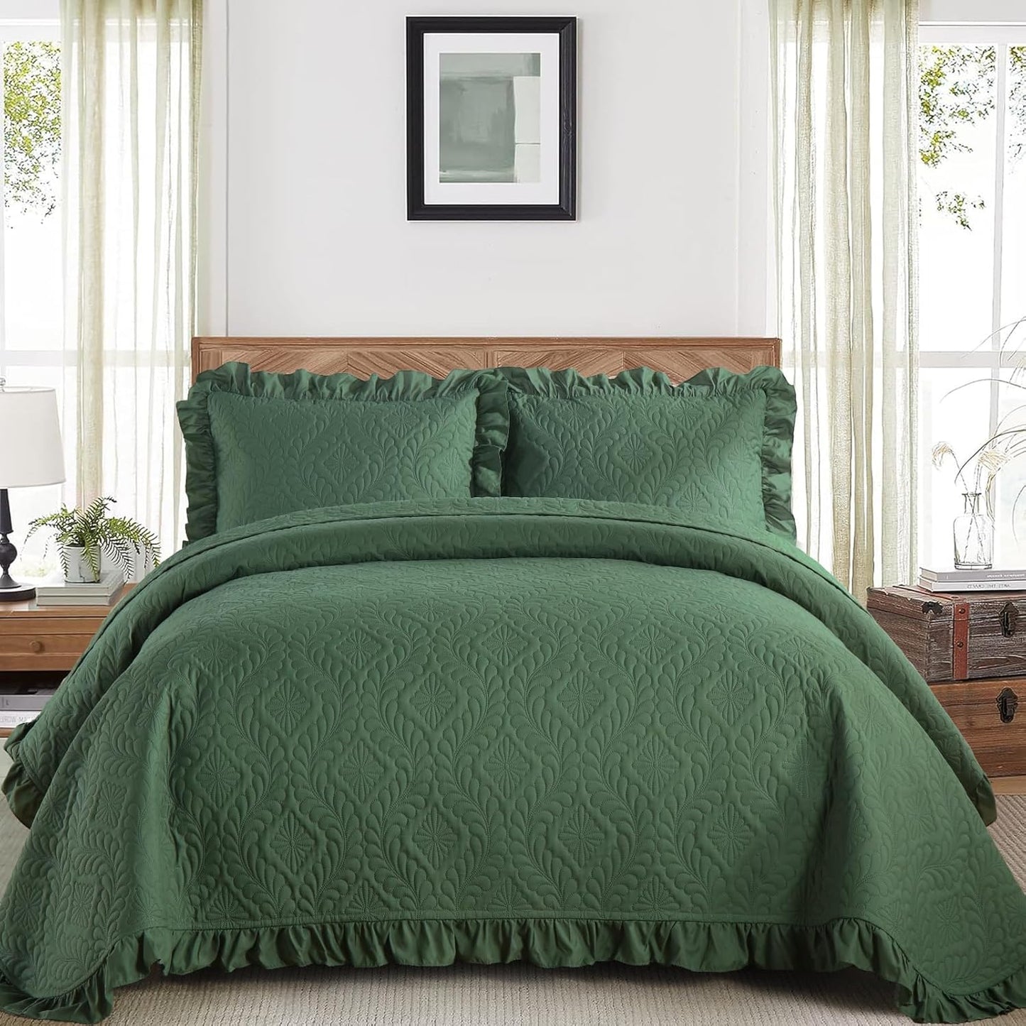 DJY Queen Quilt Set 3 Pieces Lightweight Olive Green Bedspread