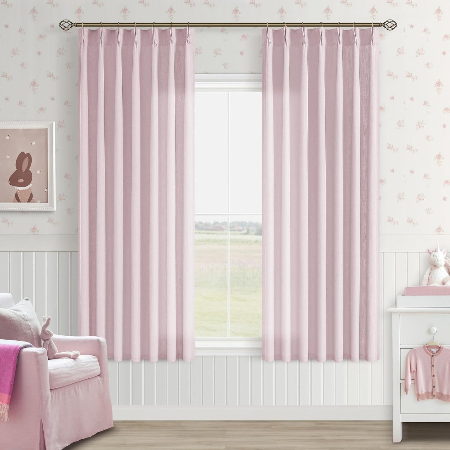 Pink Pinch Pleated Semi Sheer Curtains for Baby Girls Bedroom