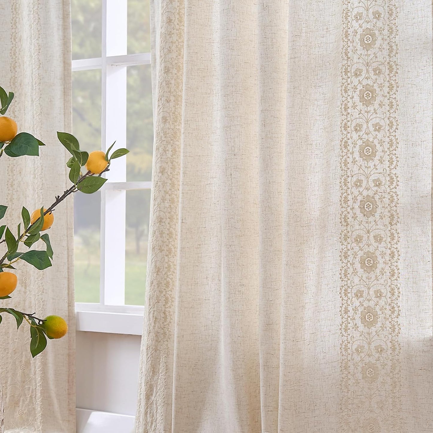 Boho Lined Linen Curtains for Bedroom with Vintage Floral Design