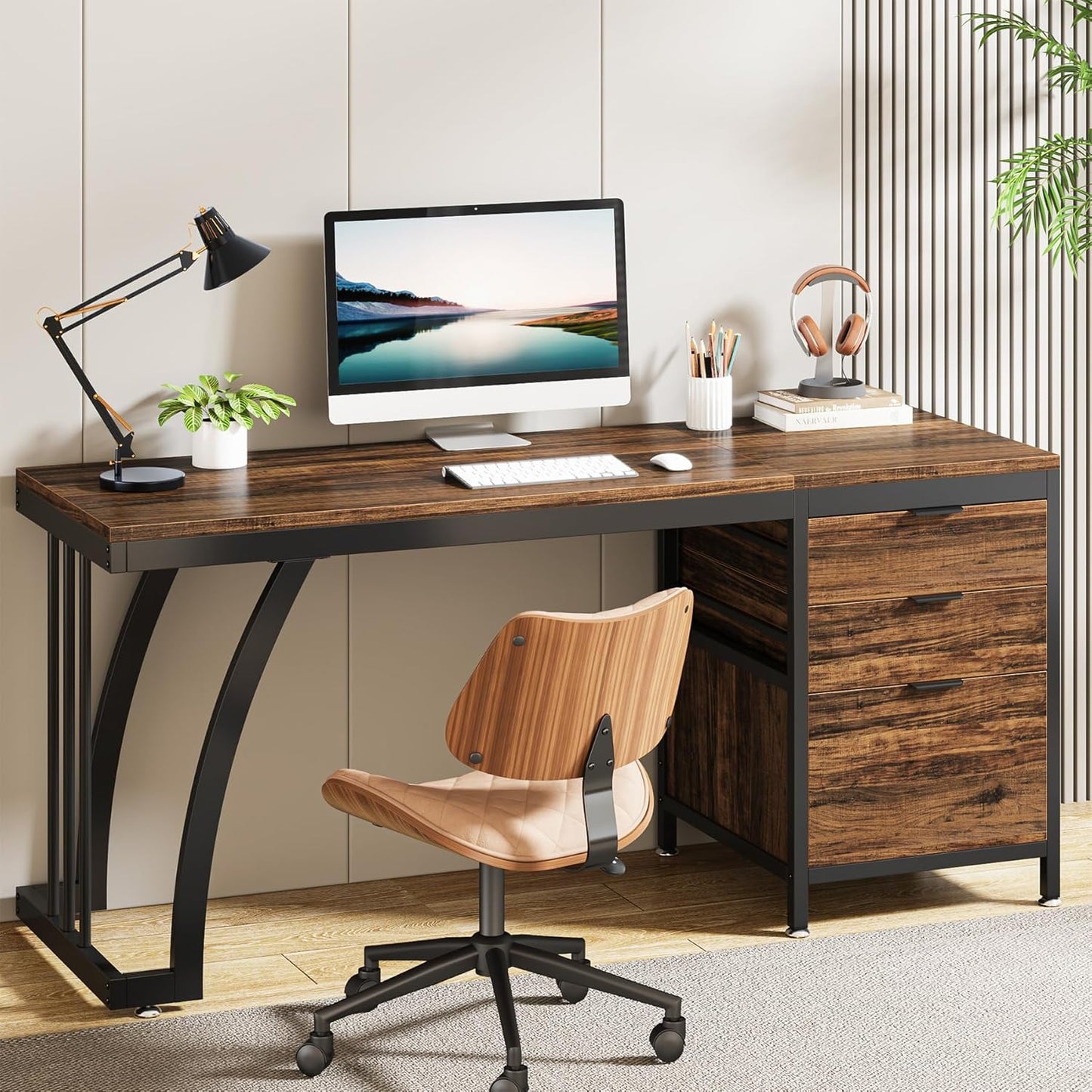 Tribesigns 59-Inch Computer Desk with 3 Reversible Drawers - Rustic Brown