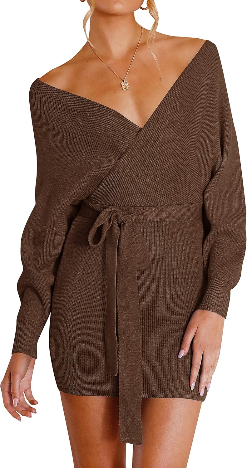 ZESICA Women's Fall Long Batwing Sleeve Wrap V Neck Sweater Dress