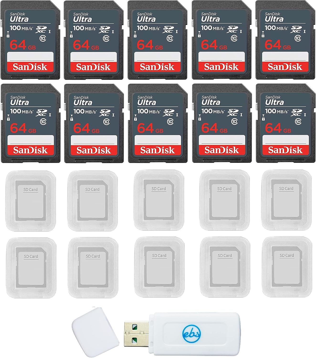 64GB SanDisk SD Cards (10 Pack) with Bonus Reader & Cases