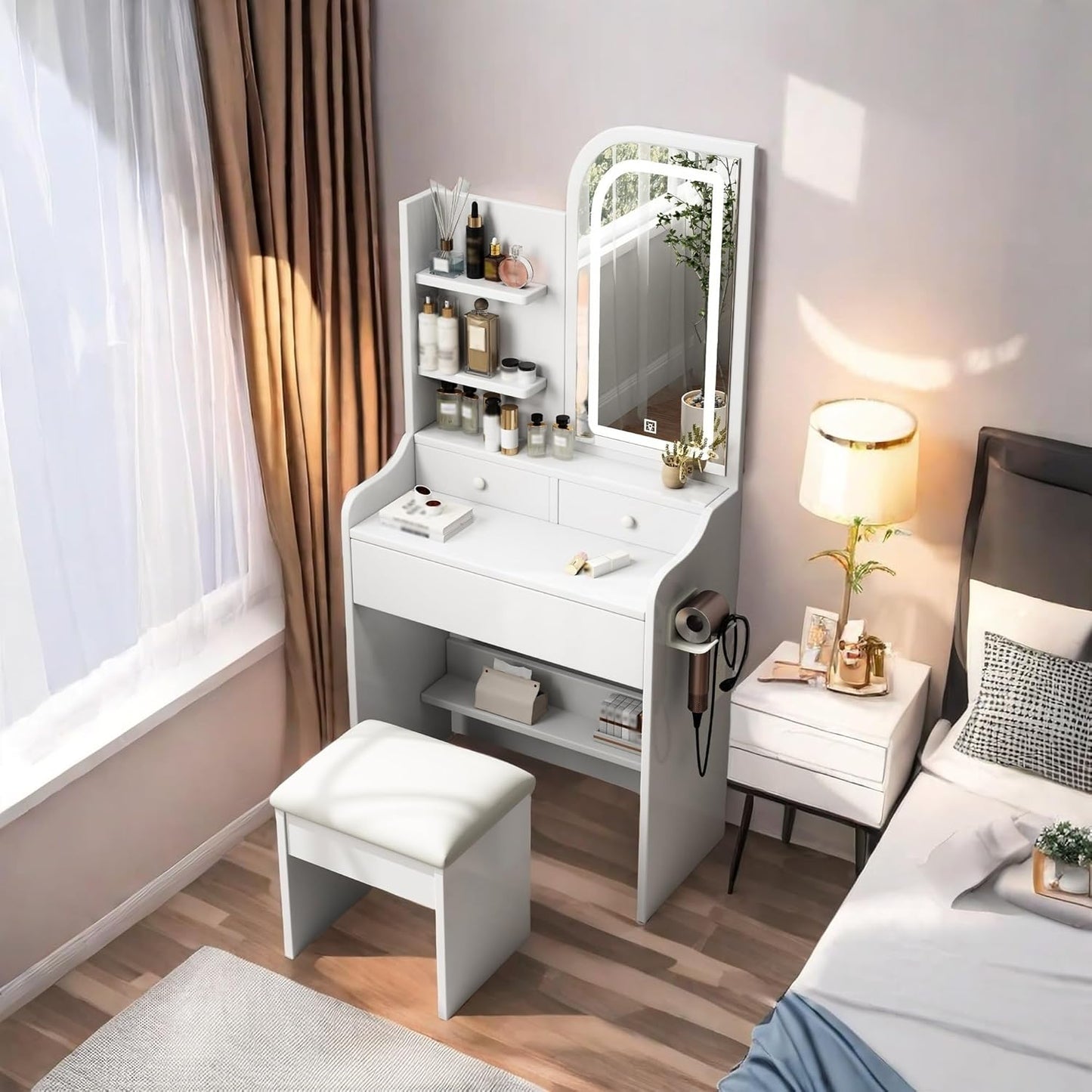 Stylish White Vanity Desk with Adjustable Lighting - Runboll