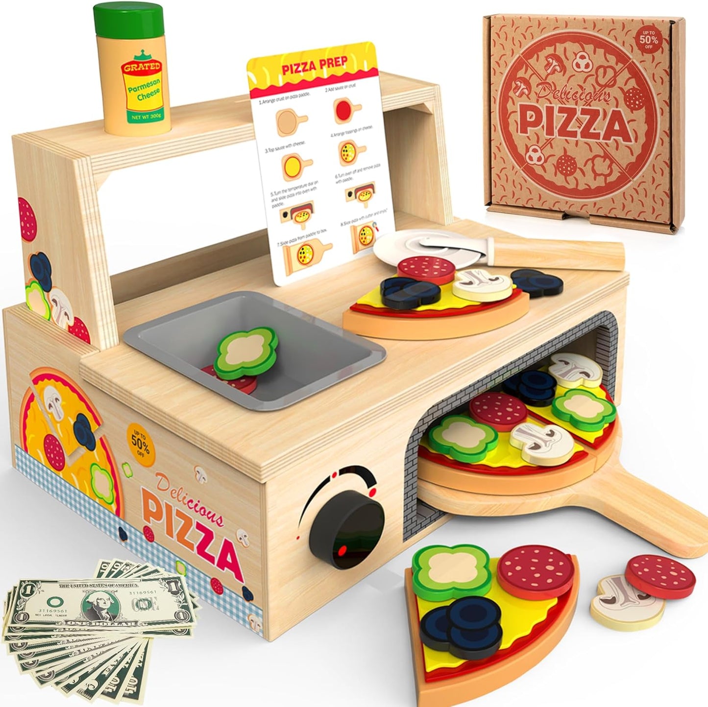 Wooden Pizza Toy - 48 PCS Montessori Pretend Play Food Set