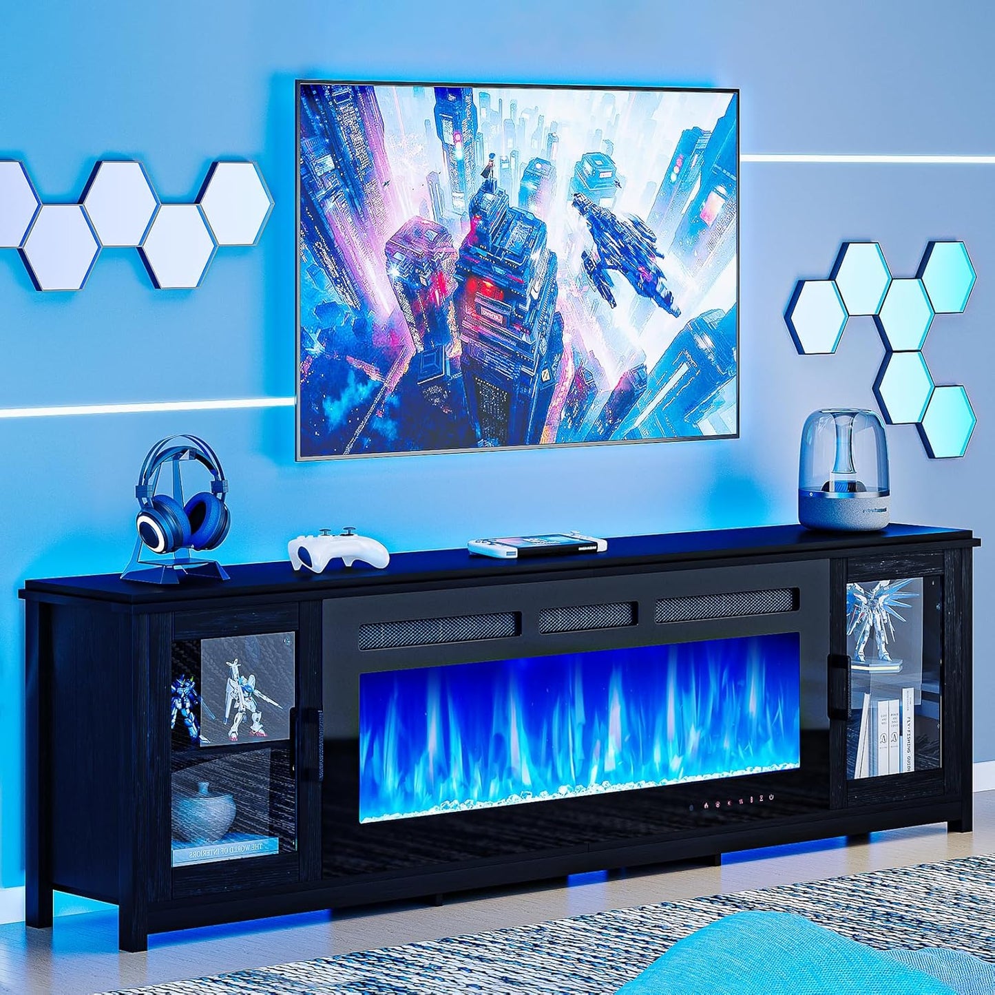 Modern Wood Entertainment Stand with Electric Fireplace (80) - Nordivale