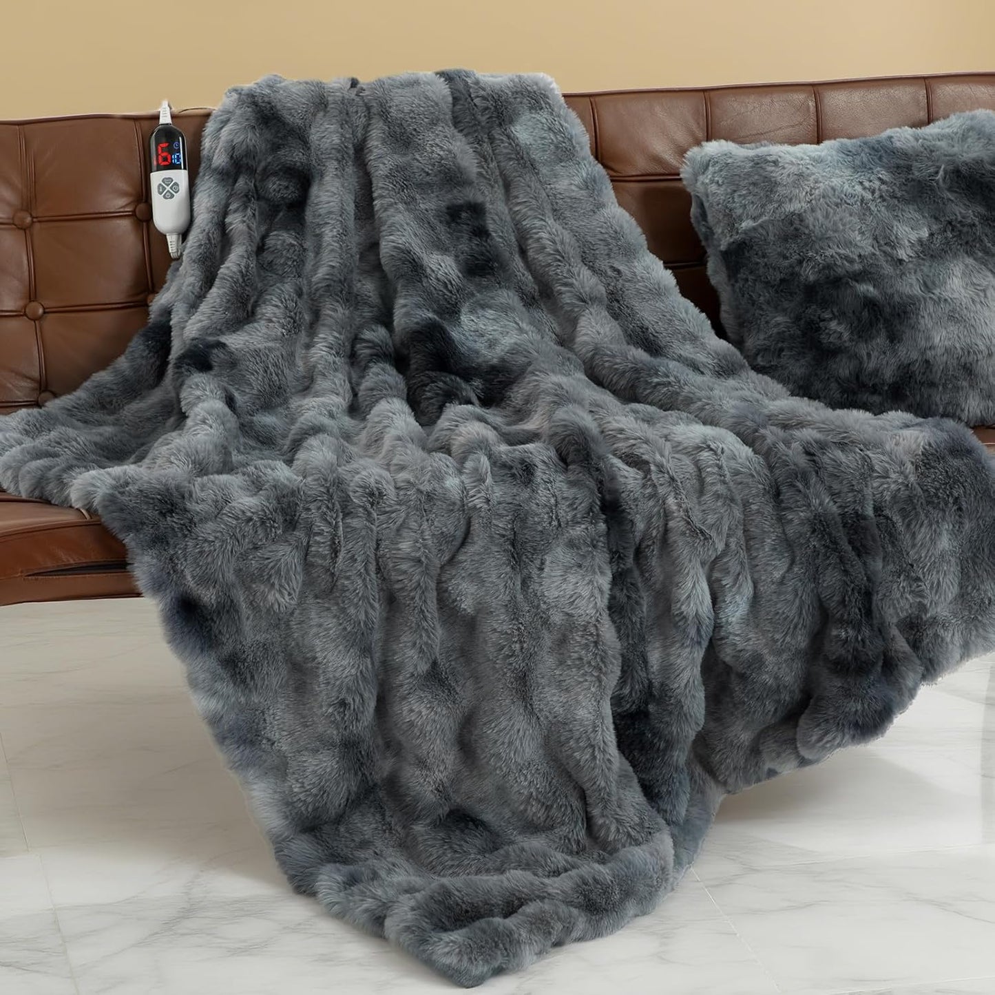 Faux Fur Heated Blanket Twin Size with Fast Heating & Timer