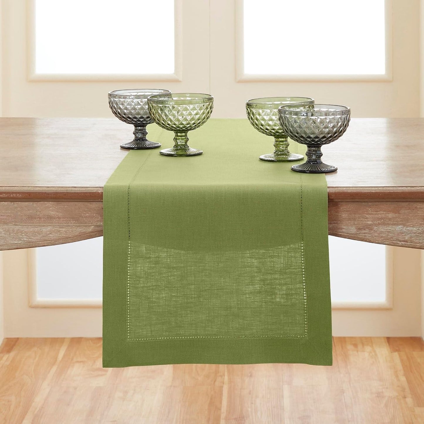 Moss Green Table Runner - 100% Pure Linen Hemstitch 14 x 120 in