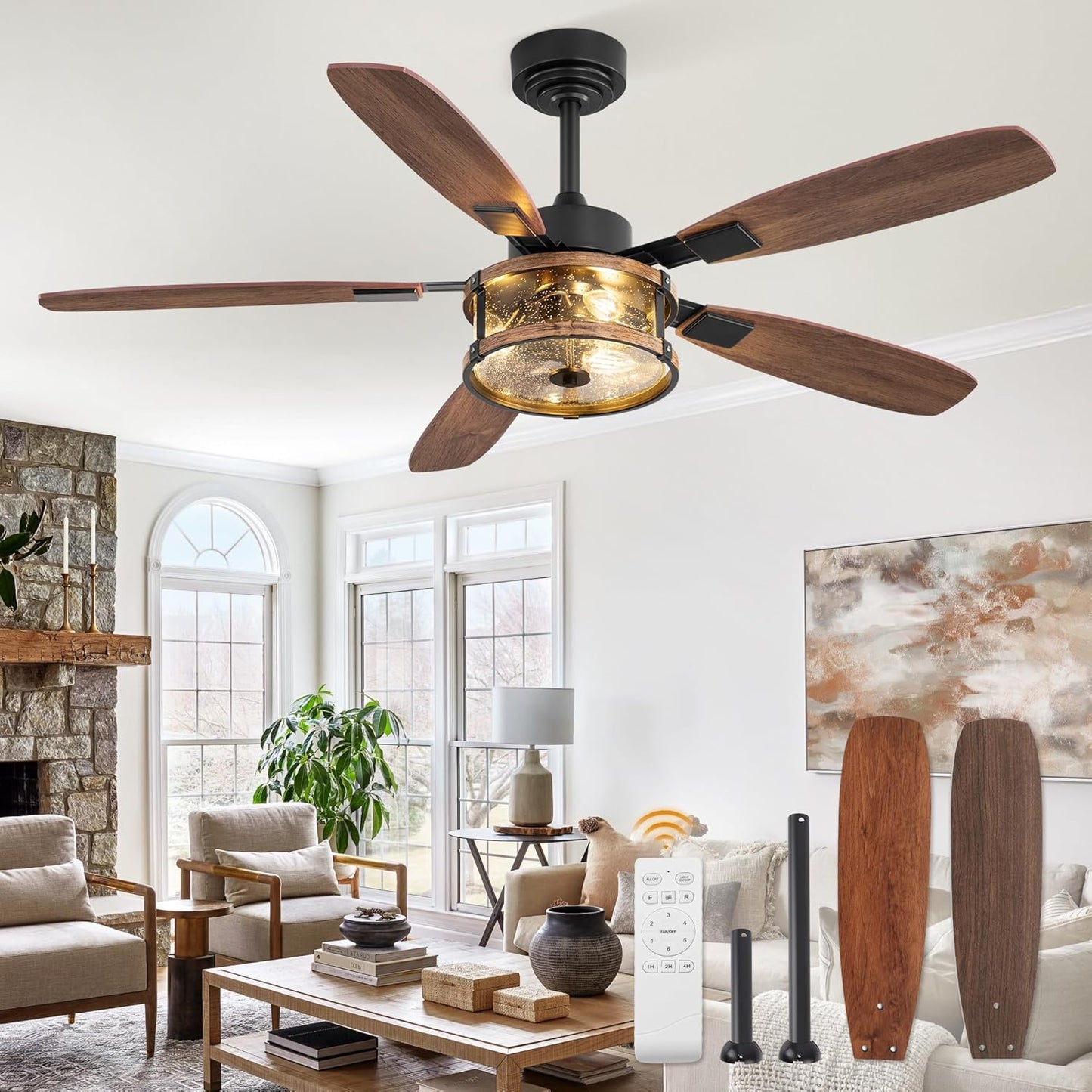 52in Farmhouse Ceiling Fan with Light and Remote Control Features