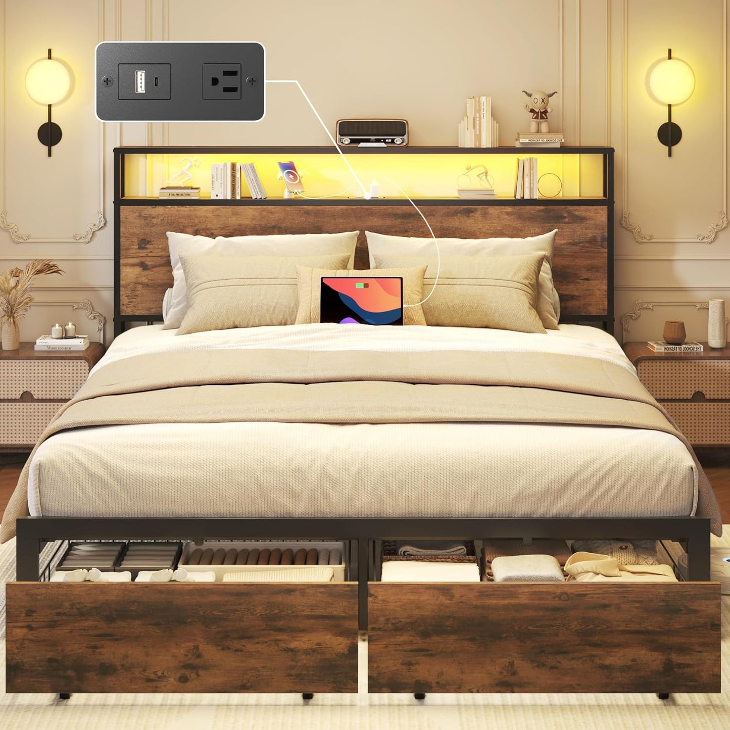 Lifezone Queen Bed Frame with Storage and Charging Station