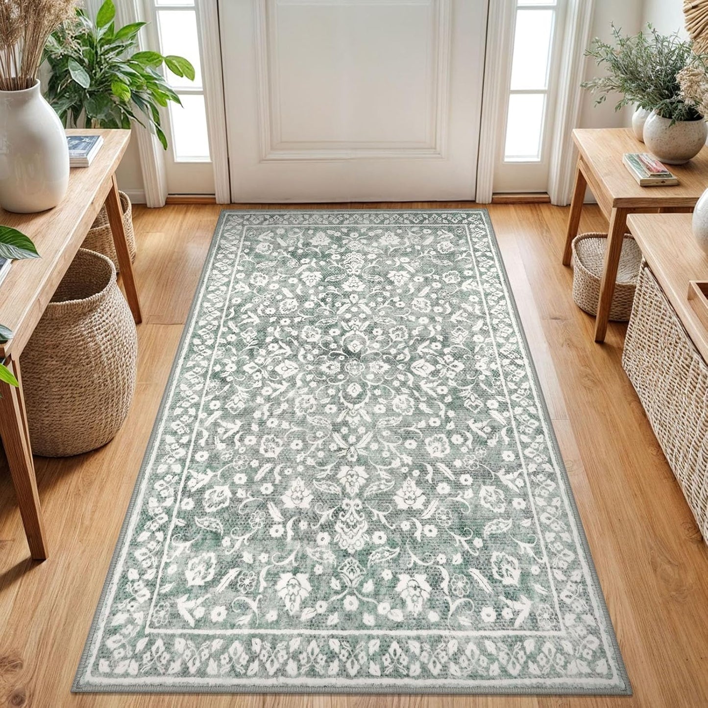Vintage 3x5 Washable Rug for Entryway in Soft Sage Green