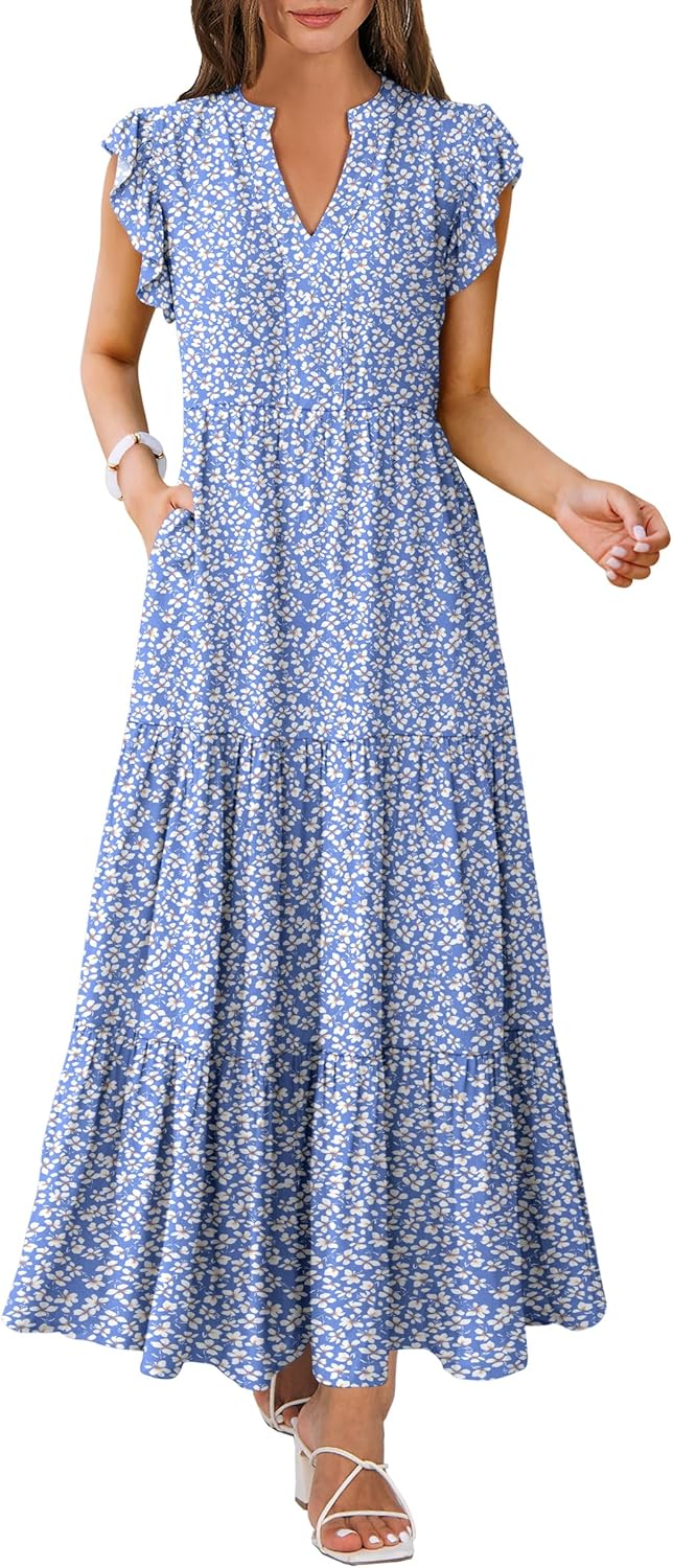 Womens Summer Casual Maxi Dress with Ruffle Sleeves for Style