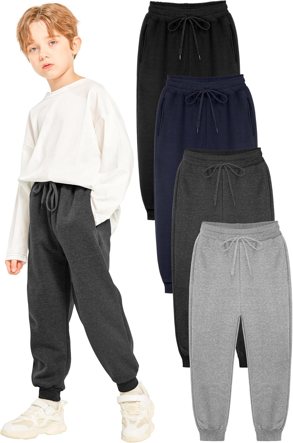 Boys' Fleece Sweatpants 4 Pack for Active Kids with Pockets