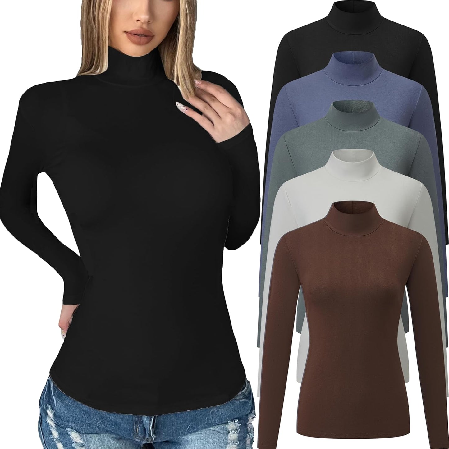 5 Pack Womens Long Sleeve Tops Mock Turtleneck Basic T Shirt