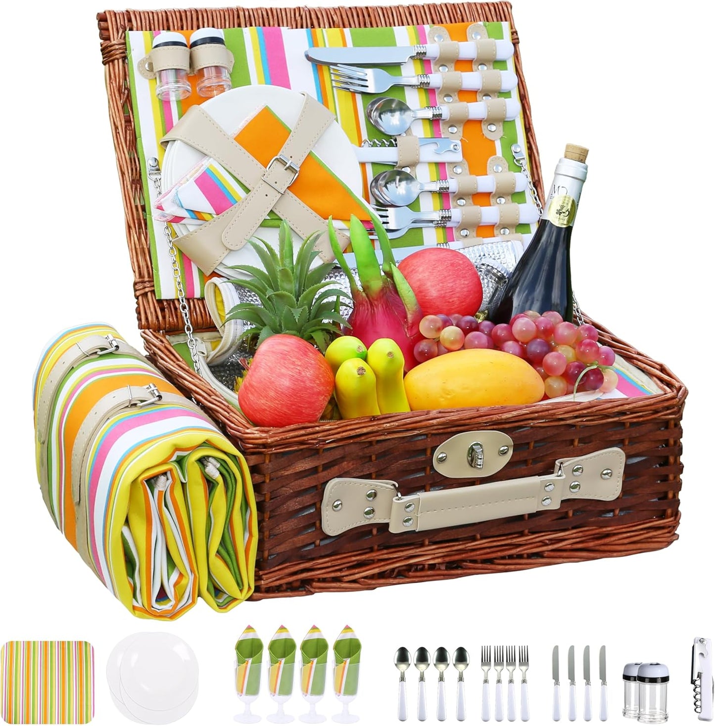 Picnic Basket Set for 4 with Waterproof Blanket and Insulation